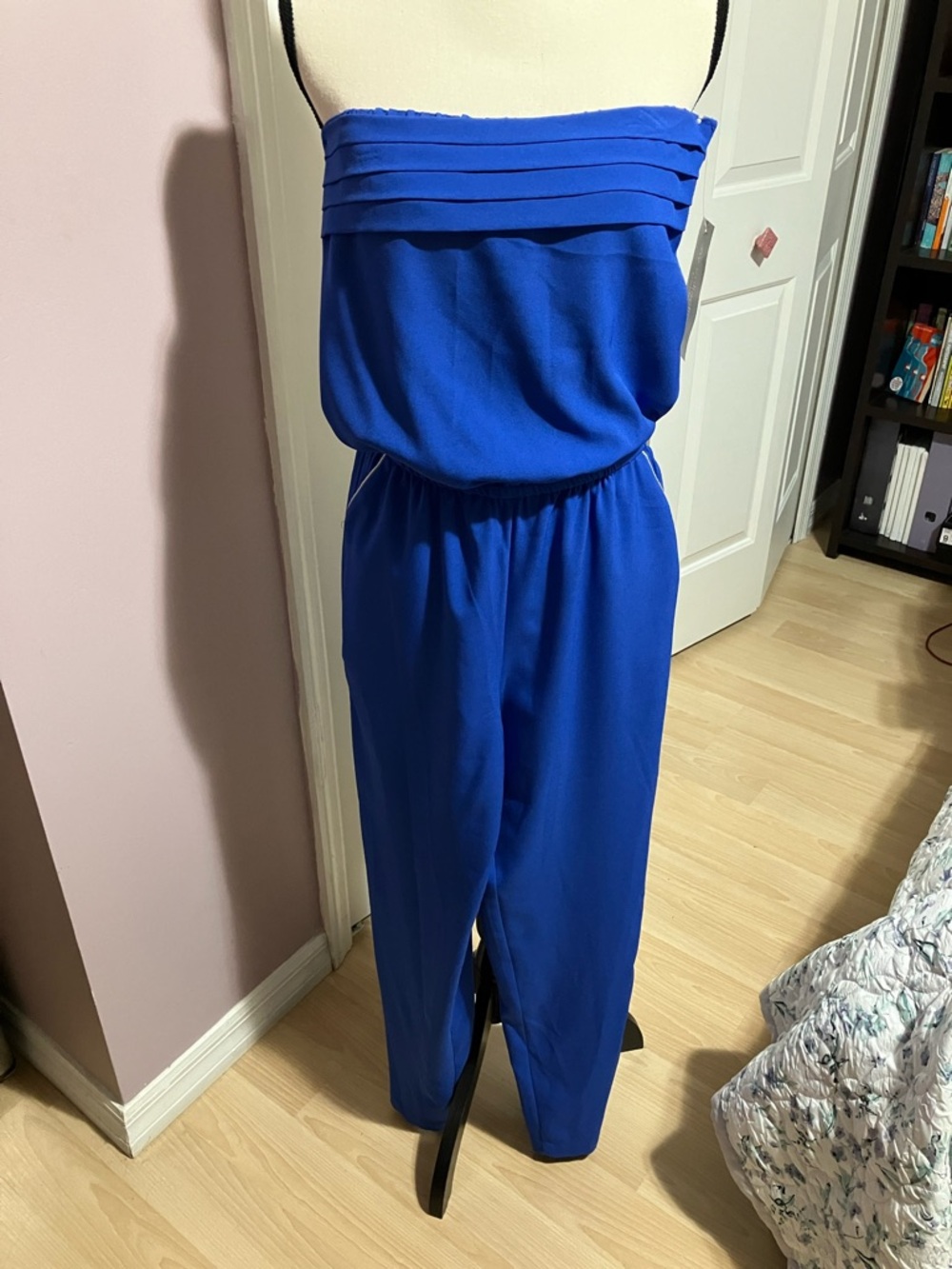 Strapless Pleated Bodice Jumpsuit in Cobalt Blue